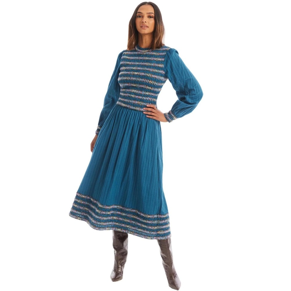 Anthropologie by Allison New York Orchid Midi Skirt Teal Smock Crochet Boho M